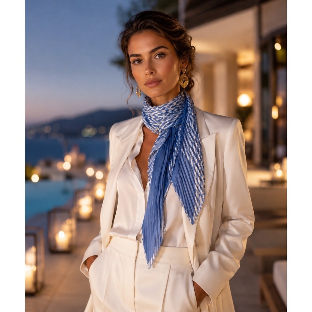 Pleated Geometric Scarf Diamond Shape Blue White Repreve Recycled Polyester EUC